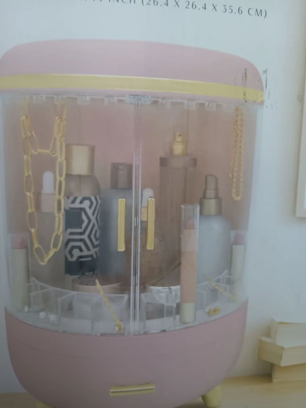Pink Makeup Organizer with Gold Accents - Clear Front Cosmetic Storage